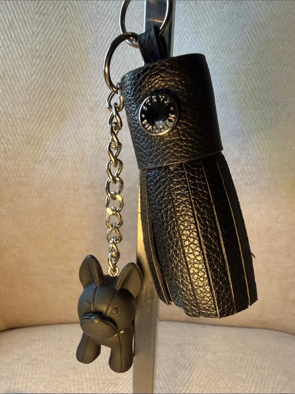 Black Leather Tassel Keychain with Dog Charm